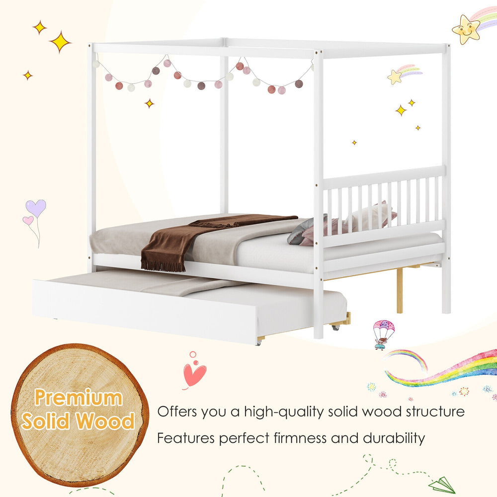 Full size white canopy bed with trundle, crafted from solid wood, perfect for kids' bedrooms and extra sleeping space.