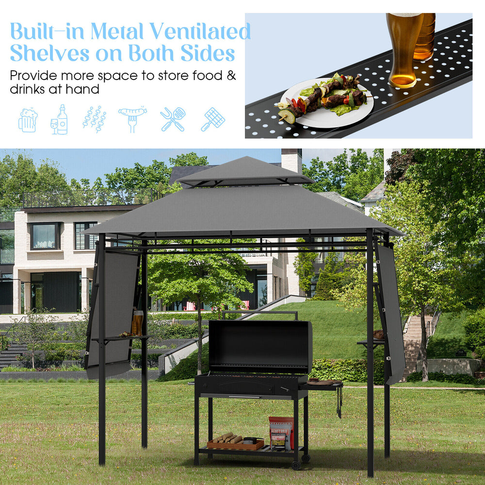 Patio BBQ grill gazebo with dual side awnings, 13.5 x 4 ft, featuring built-in shelves for outdoor cooking convenience.
