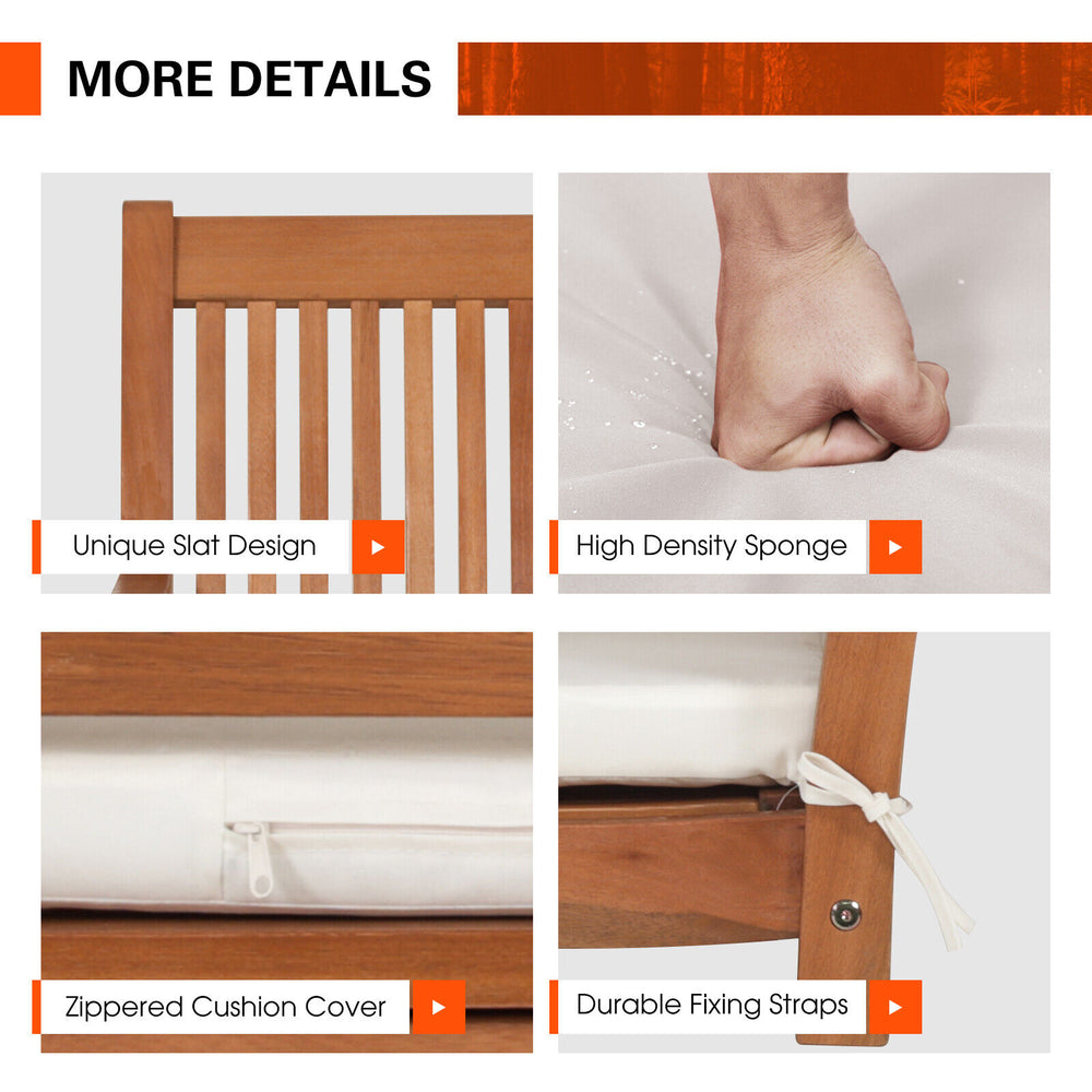 Close-up of the zippered cushion cover on the 2-person hanging porch swing bench with solid wood frame and ergonomic.