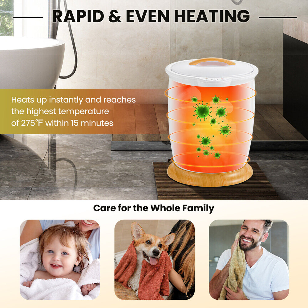 Bathroom towel warmer bucket with fragrance holder, heats to 275°F in 15 minutes, ideal for towels and bathrobes.