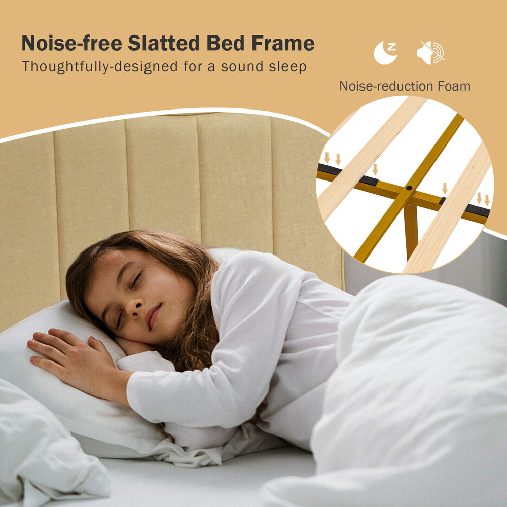 Upholstered queen size bed frame with quilted headboard and noise-reduction foam for a quiet, comfortable sleep.