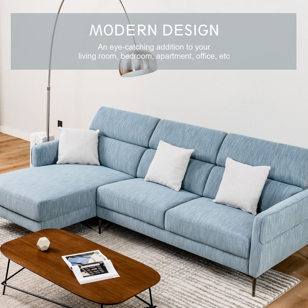 L-shaped blue sofa couch with adjustable headrests, cozy cushions, and metal legs, perfect for living room comfort.