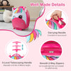 Kids rolling luggage with a pink unicorn design, featuring a 3-level telescoping handle and colorful flashing wheels.