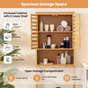 Bamboo over-the-toilet storage cabinet with adjustable shelf, featuring enclosed cabinet and open storage for bathroom.