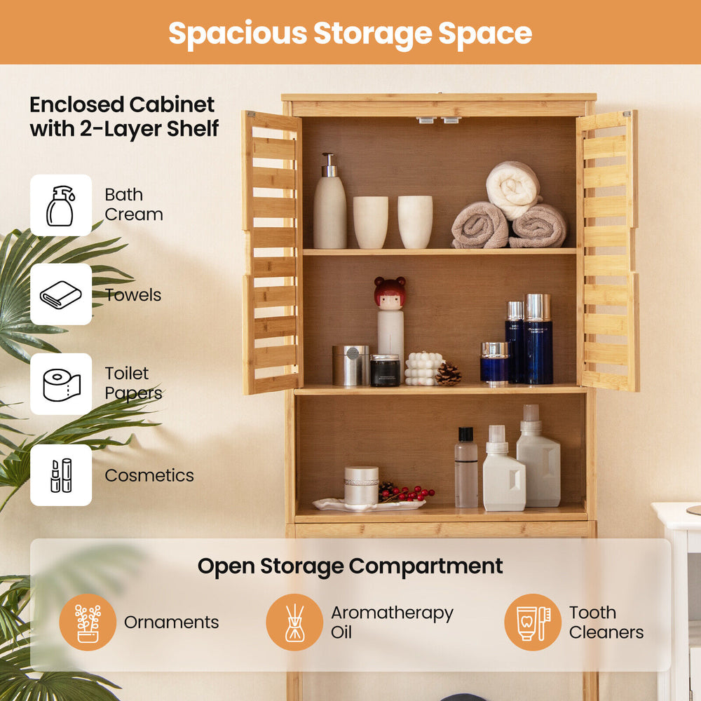 Bamboo over-the-toilet storage cabinet with adjustable shelf, featuring enclosed cabinet and open storage for bathroom.