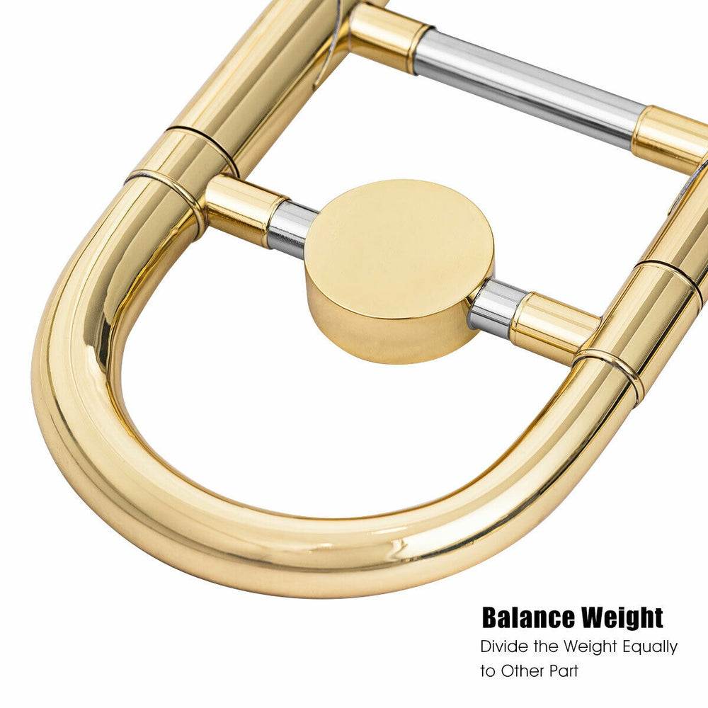 Close-up of the B Flat trombone's golden brass finish, showcasing balanced weight distribution and quality.