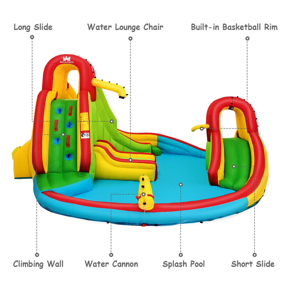 Kid's inflatable water slide bounce house featuring a climbing wall, splash pool, and two slides for outdoor fun.