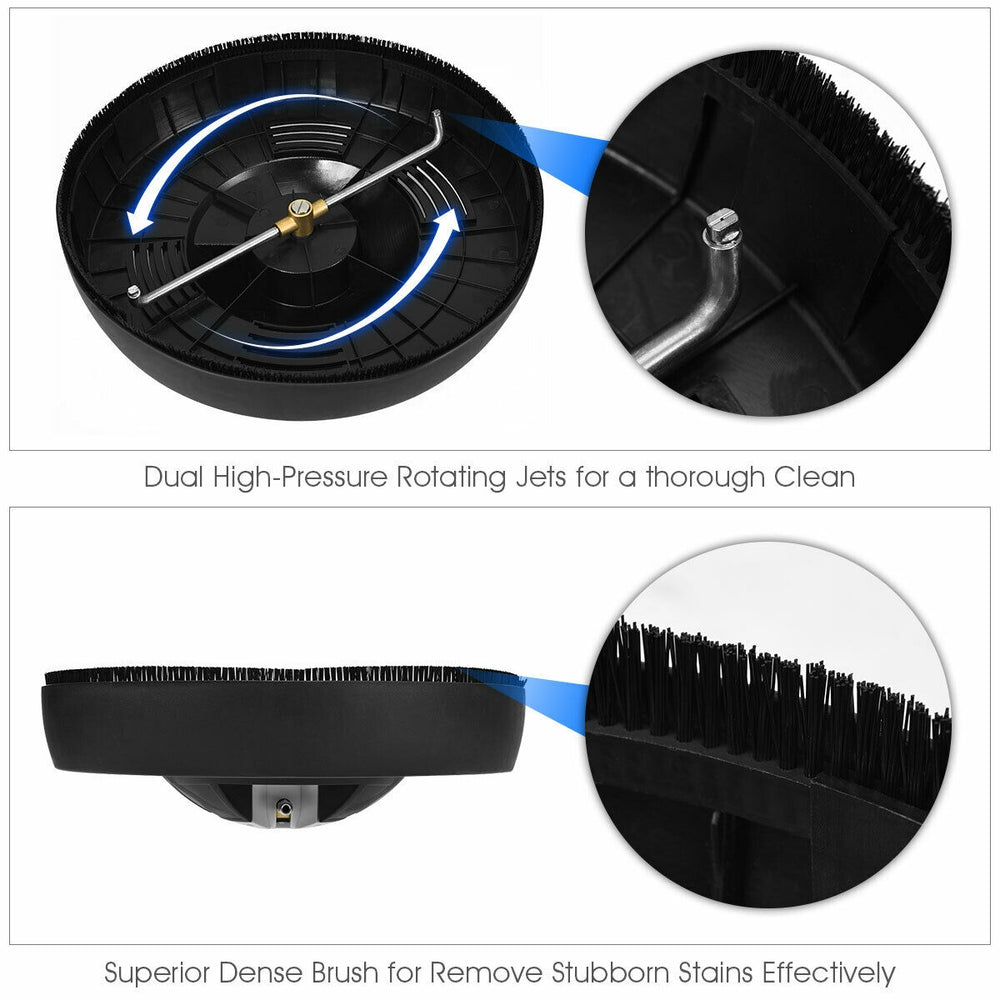 16-inch pressure washer surface cleaner with dual rotating jets for streak-free cleaning of large outdoor areas.