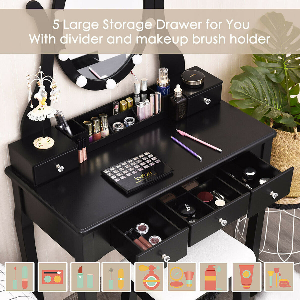 Black vanity table set featuring 10 dimmable lights, oval mirror, and 5 large storage drawers for cosmetics and jewelry.