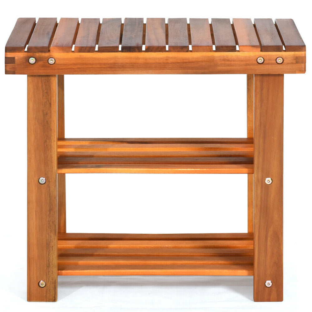 Three-tier acacia wood shoe rack with ergonomic height, perfect for entryway or living room storage and seating.