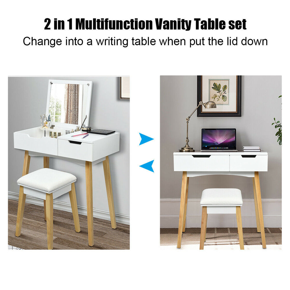 Wooden vanity table with flip top mirror and cushioned stool, versatile for makeup or as a writing desk, elegant white.