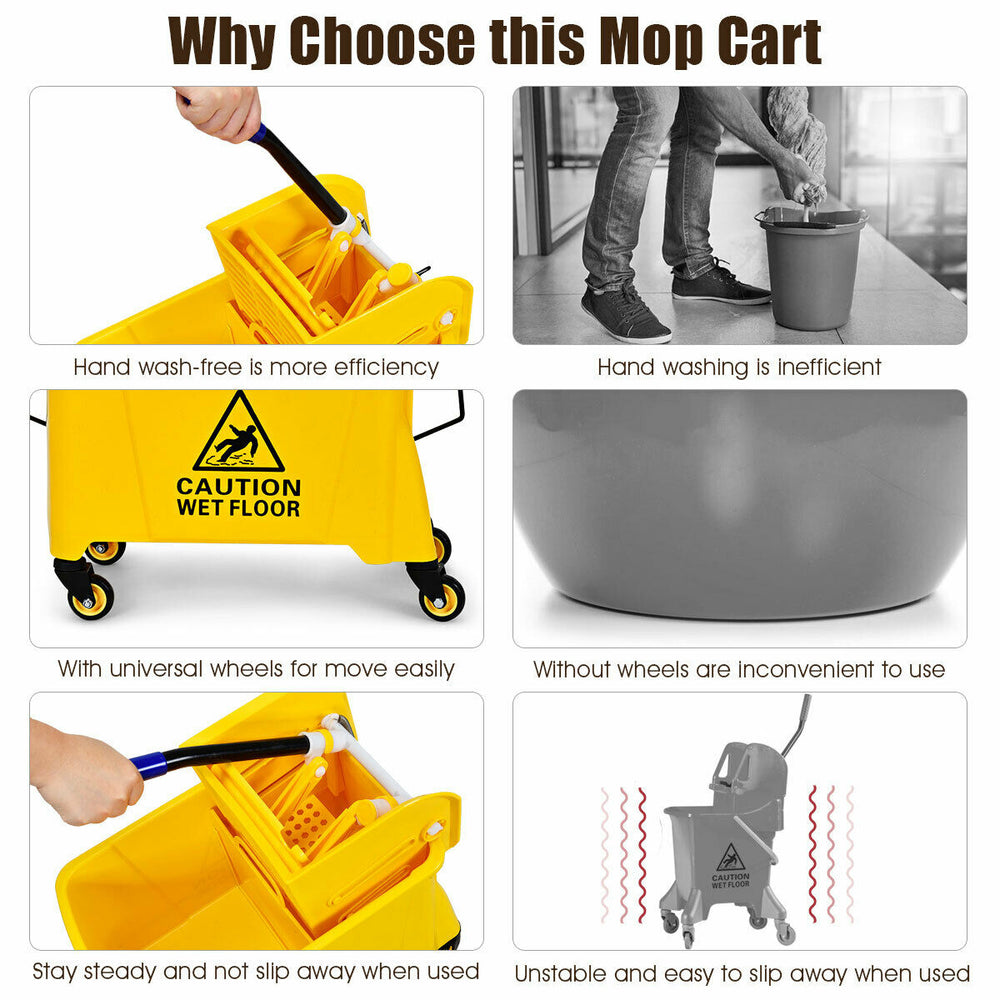 21 Quart yellow mop bucket with side press wringer on wheels, designed for easy mobility and efficient cleaning.