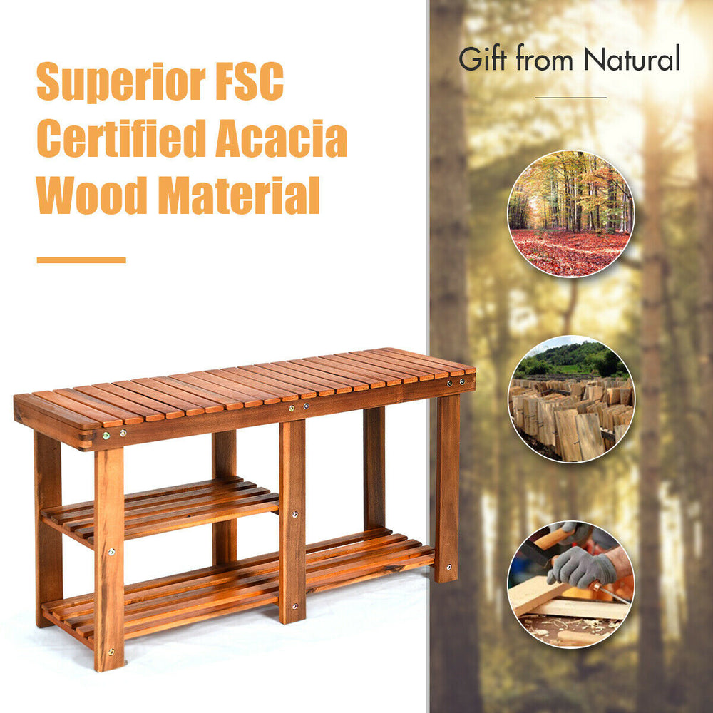 3-tier freestanding wooden shoe organizer with seat, made of acacia wood, ideal for entryway or garden storage.