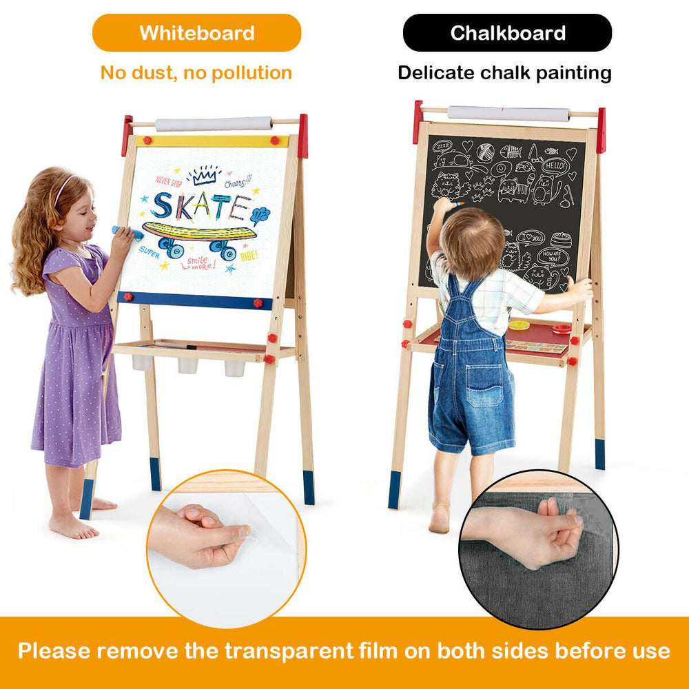 Double-sided wooden art easel with whiteboard and chalkboard, adjustable height for kids, includes magnetic stickers.