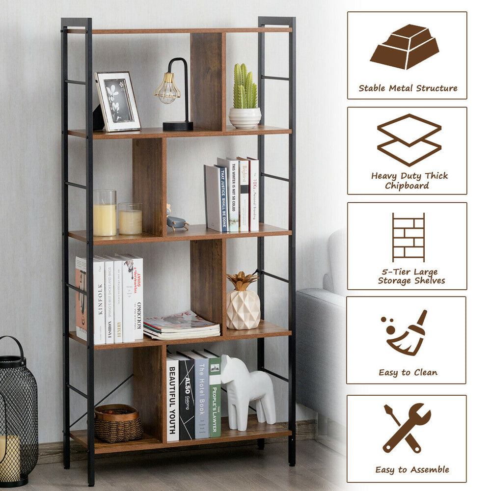 4-tier industrial bookshelf with metal frame and thick chipboard, ideal for living room or study storage solutions.