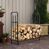 Heavy-duty 4 feet steel firewood storage rack with black powder-coated finish, ideal for outdoor wood stacking.