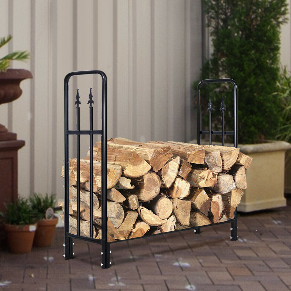 Heavy-duty 4 feet steel firewood storage rack with black powder-coated finish, ideal for outdoor wood stacking.