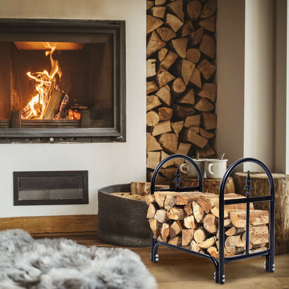 Heavy-duty steel firewood storage holder with black powder-coated finish, ideal for neat outdoor wood stacking.