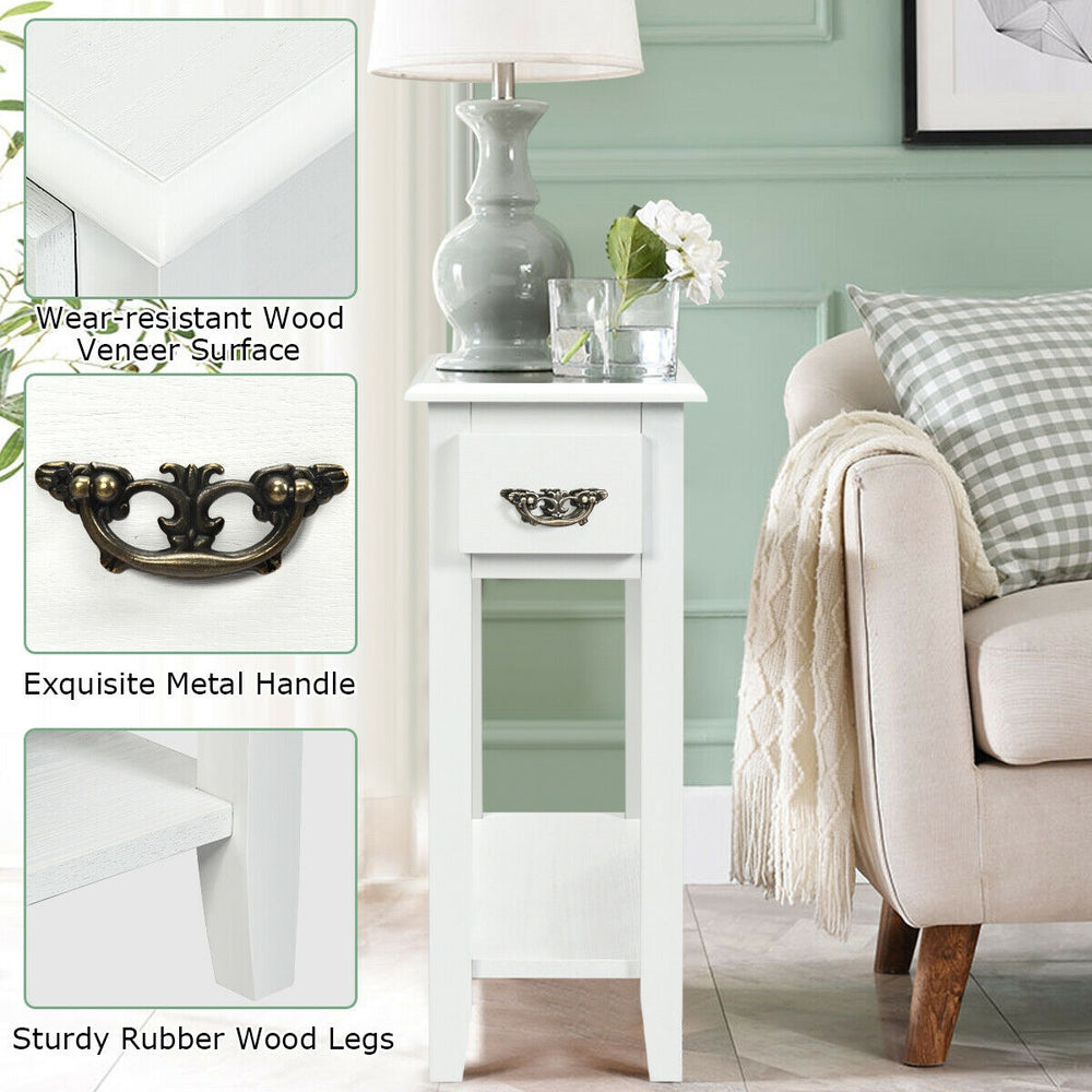 White 2-tier end table with drawer and open shelf, featuring rubber wood legs and a stylish metal handle for easy.