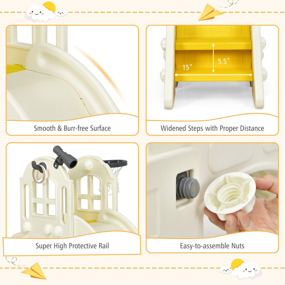 Close-up of the 6-in-1 kids slide playset showing the enhanced handrails and easy-to-assemble nuts for safety.