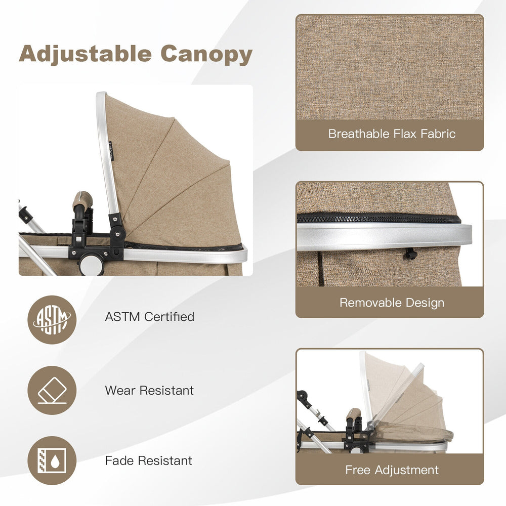 Adjustable canopy detail of the beige folding aluminum baby stroller, featuring breathable flax fabric and removable.