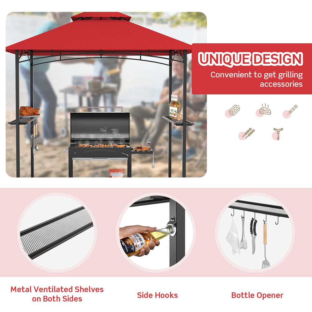 Outdoor barbecue grill gazebo with double roof, 360-degree ventilation, and built-in bottle opener for convenience.