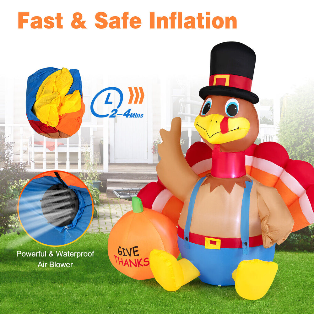 6-foot inflatable Thanksgiving turkey with pumpkin, featuring bright LED lights and waterproof fan for outdoor decor.
