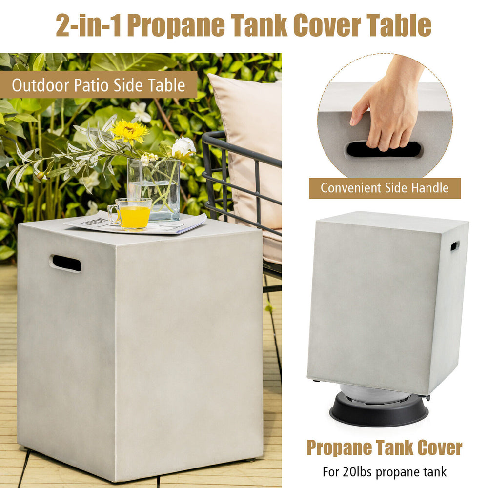 Gray propane tank cover hideaway table with side handles, perfect for outdoor patios and backyard use.
