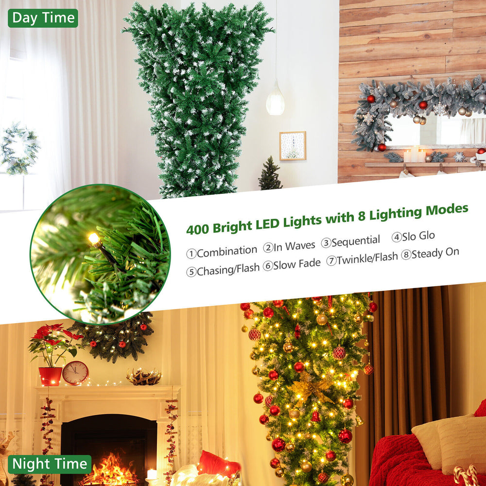 7.5 feet pre-lit upside down Christmas tree with 400 LED lights, featuring 1100 snowy branch tips for festive.