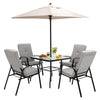 Square 35" patio dining table with tempered glass top, umbrella hole, and heavy-duty steel frame for outdoor gatherings.