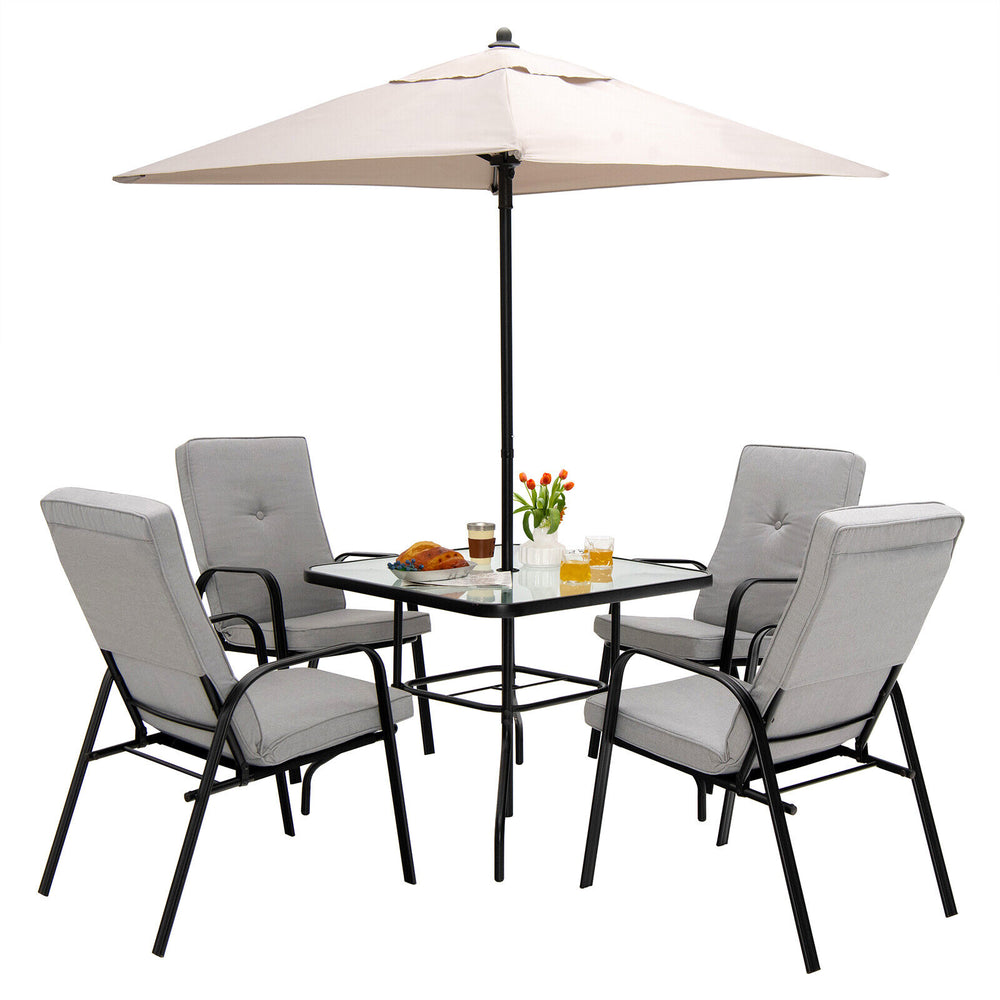 Square 35" patio dining table with tempered glass top, umbrella hole, and heavy-duty steel frame for outdoor gatherings.