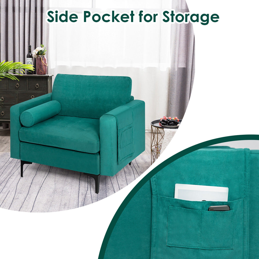 Peacock blue modular sofa with side pocket for storage, featuring soft cushions and sturdy metal legs for durability.