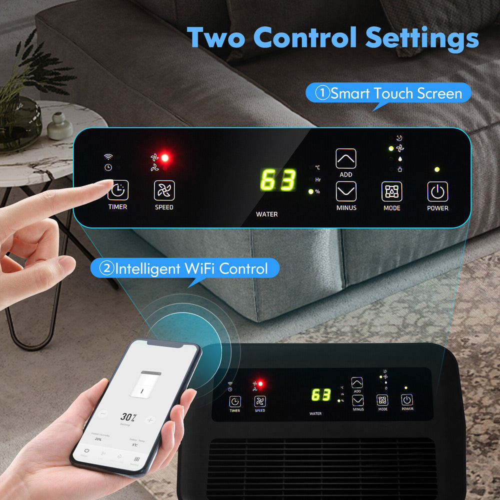 Smart touch control panel of the 100-pint dehumidifier with WiFi and Alexa control for home and basements.
