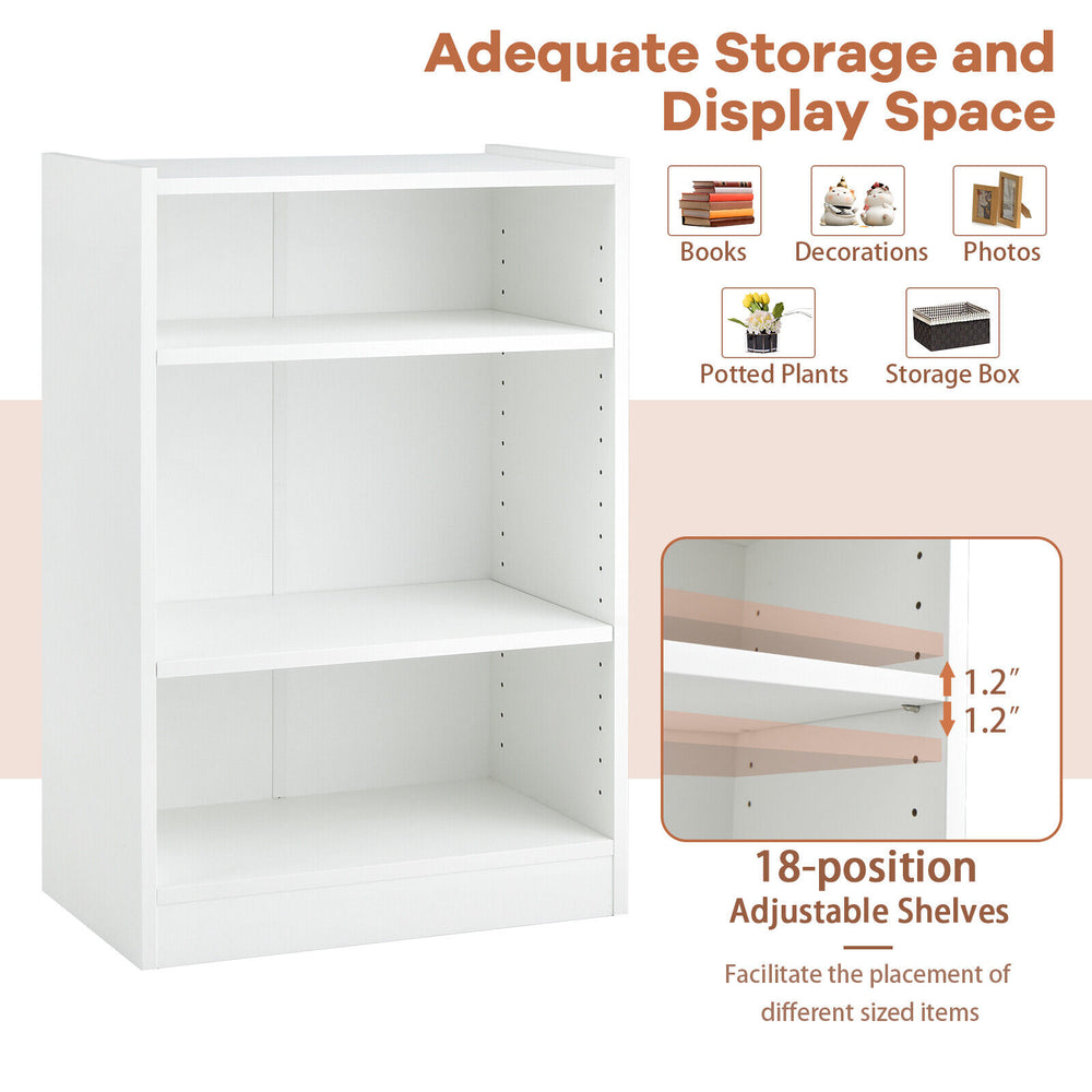 3-tier white bookcase with adjustable shelves, sturdy design, ideal for organizing books and decorations in any room.