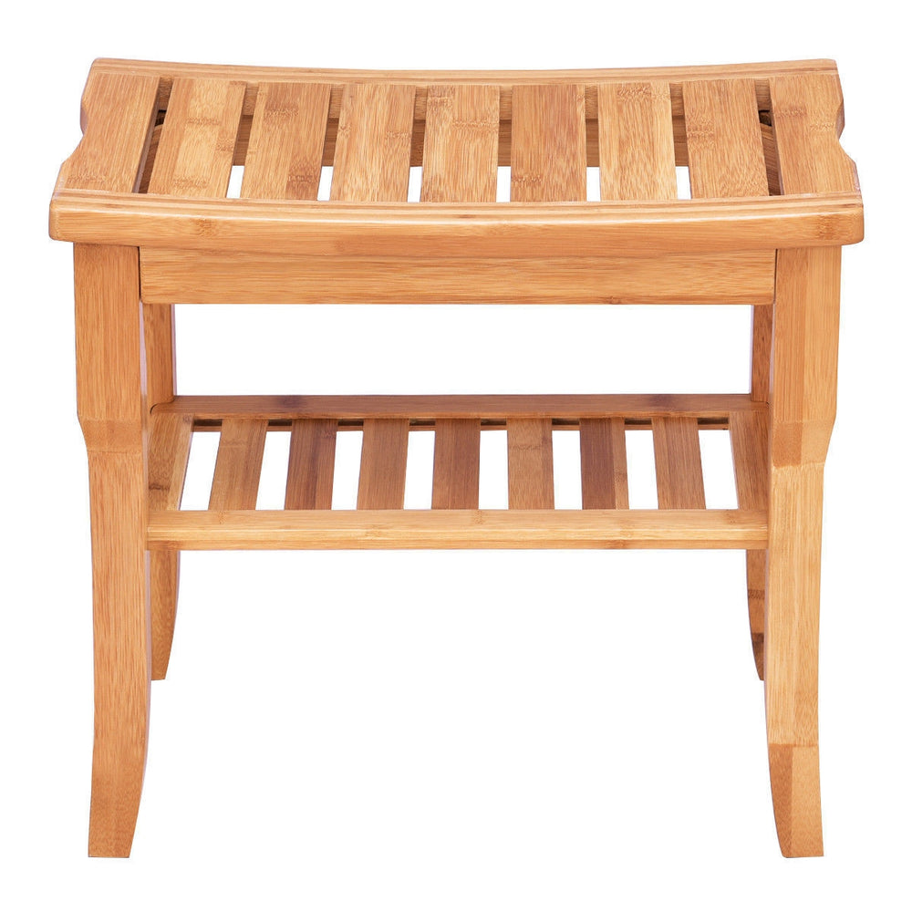 Bamboo shower chair bench with storage shelf, moisture-resistant, eco-friendly design, ideal for bathroom or sauna use.