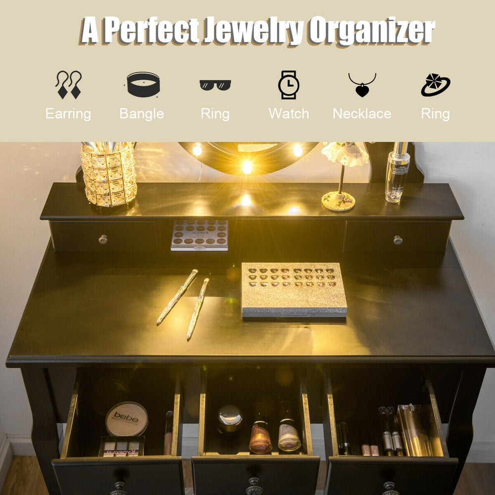 Vanity table set with 5 drawers and oval mirror, featuring 12 LED bulbs for perfect lighting and storage for cosmetics.