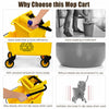 26 quart yellow mop bucket with side press wringer, featuring swivel wheels and ergonomic handle for easy mobility.