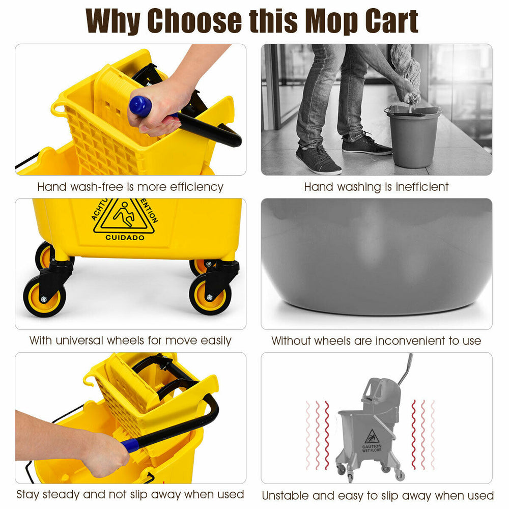 26 quart yellow mop bucket with side press wringer, featuring swivel wheels and ergonomic handle for easy mobility.