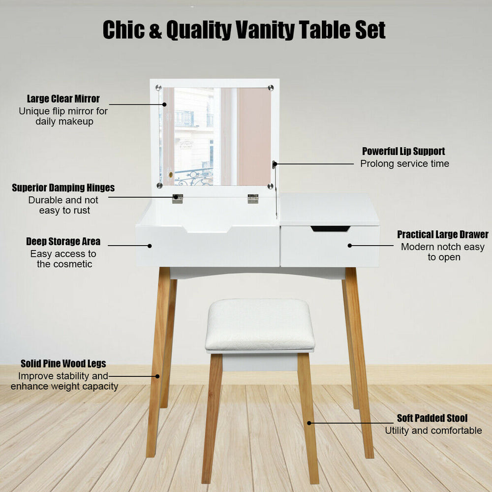 Wooden vanity table set with flip top mirror, cushioned stool, and large storage space for makeup and accessories.