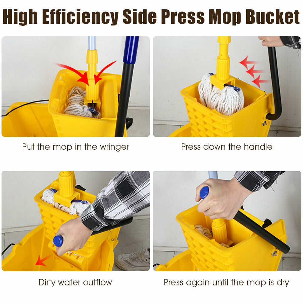 Side view of a 21 Quart mop bucket with side press wringer, featuring rubber wheels and a water-separation panel for.