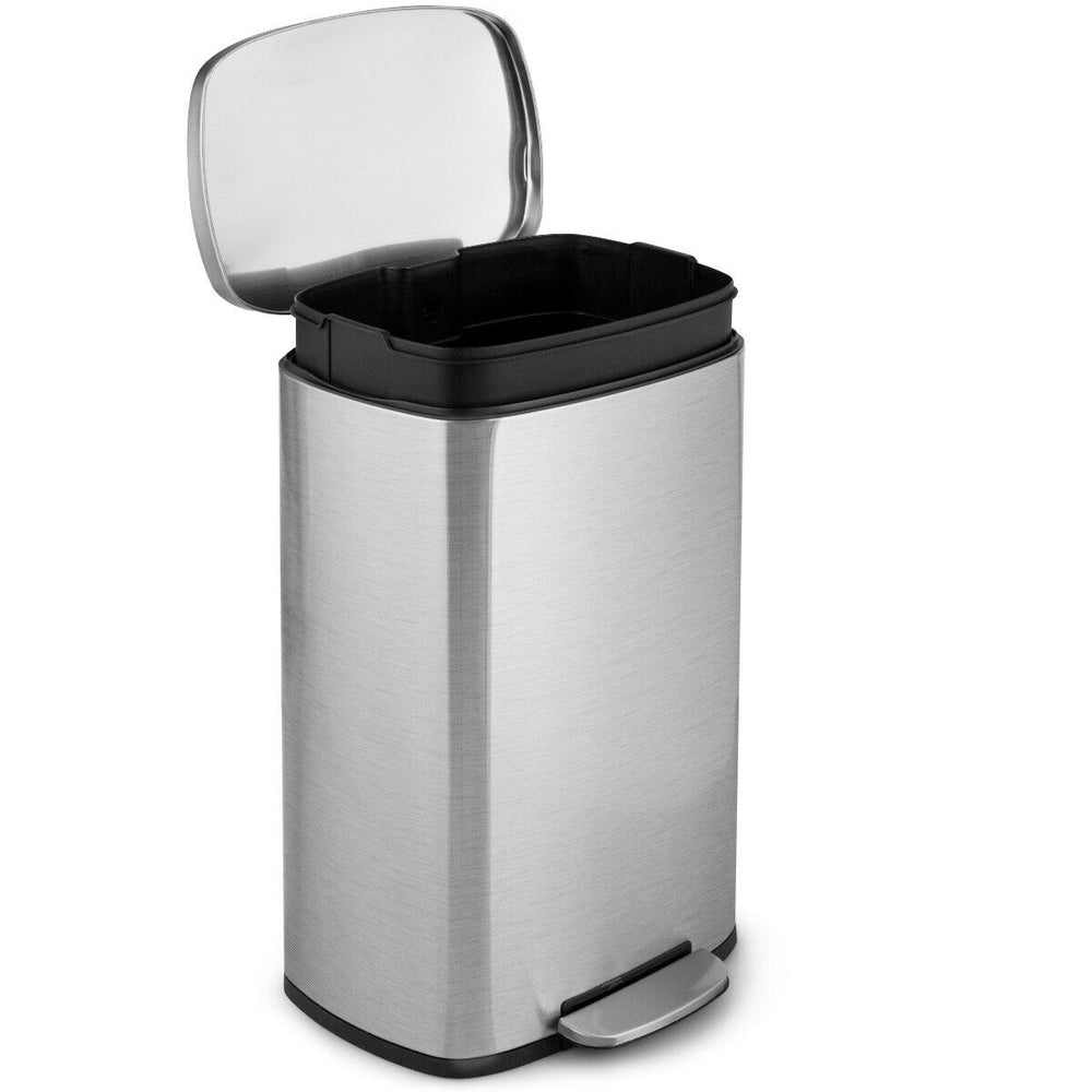 Stainless steel 13.2-gallon trash can with a foot pedal, removable bucket, and noiseless lid for convenient waste.