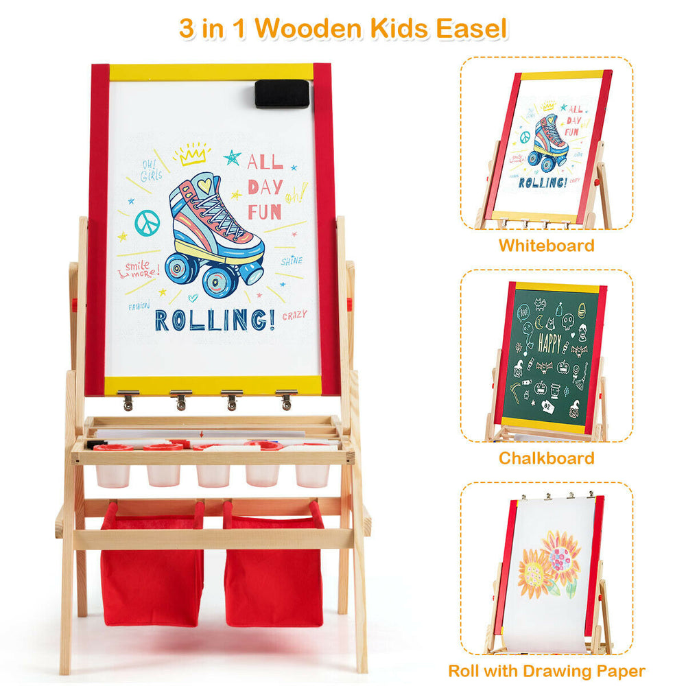 Double-sided kids art easel with magnetic blackboard and whiteboard, includes storage trays and drawing paper roll for.