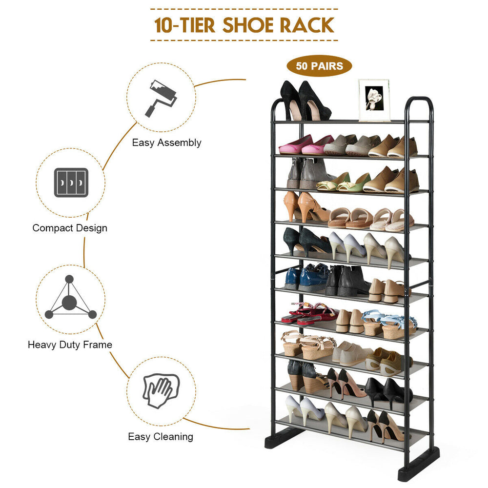 10-tier free-standing metal frame shoe rack with compact design, removable layers, and easy cleaning for hallway.