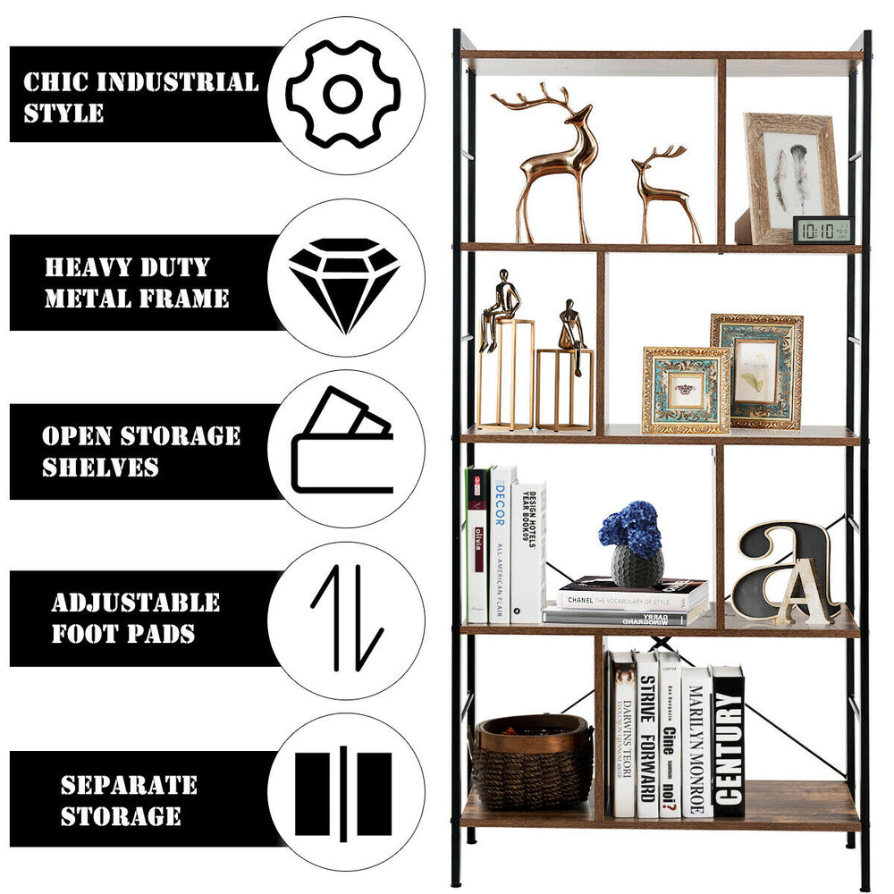 4-tier industrial bookshelf with metal frame and open shelves, ideal for living room or study storage and decor.