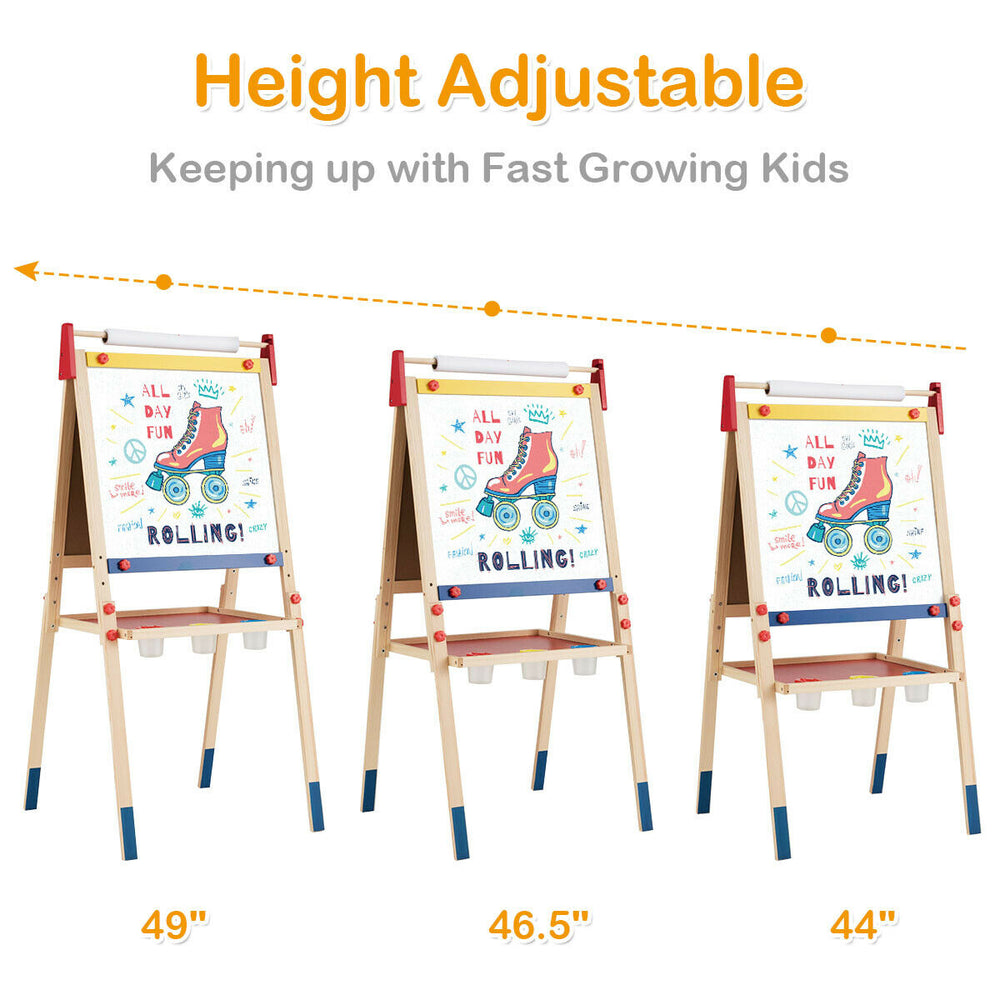 Height adjustable wooden kid's art easel with double-sided boards, suitable for children over 3 years old.
