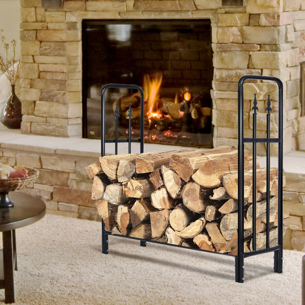 Heavy duty 4-foot steel firewood rack with black powder-coated finish, ideal for outdoor wood storage and ventilation.