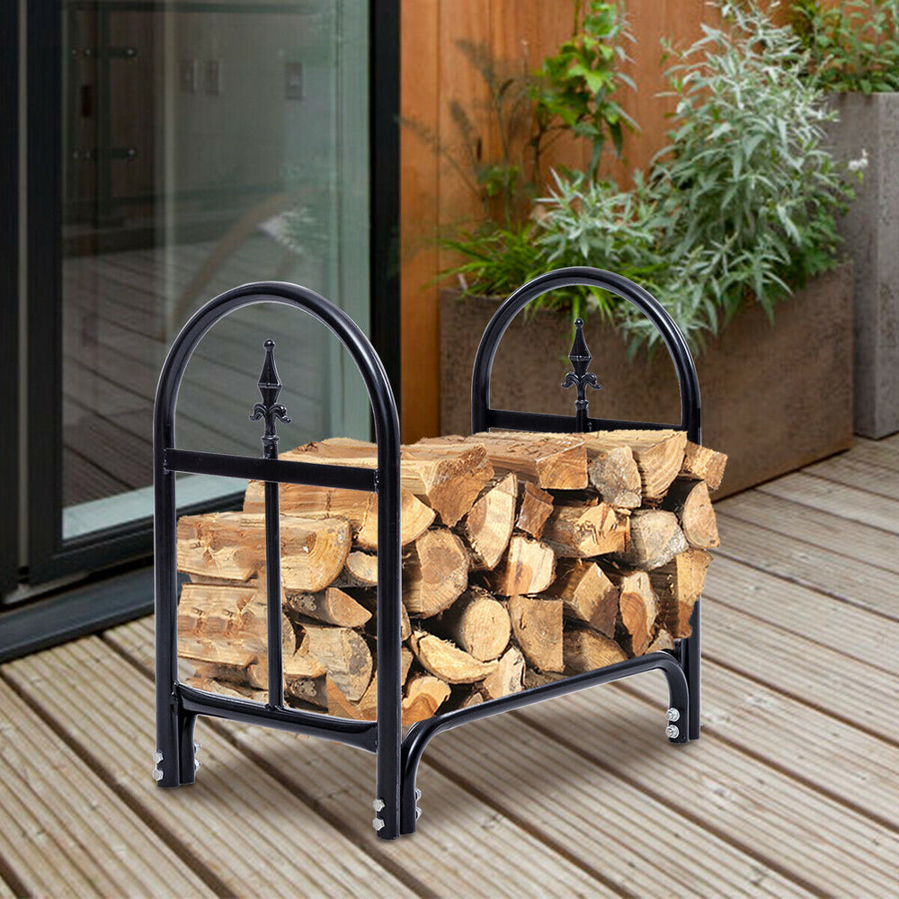Sturdy 2 feet firewood storage holder featuring a decorative arch design, perfect for keeping logs off the ground.