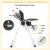 Adjustable baby high chair in black with 3-position backrest and 4-position footrest, ideal for feeding and comfort.