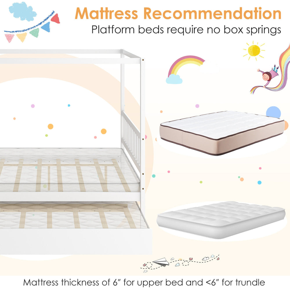 Full size white canopy bed with trundle, solid wood frame, designed for kids, no box spring required, 79.5" x 57" x 72".