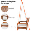 2-person hanging porch swing bench with solid wood frame, high backrest, and cozy armrests for outdoor relaxation.